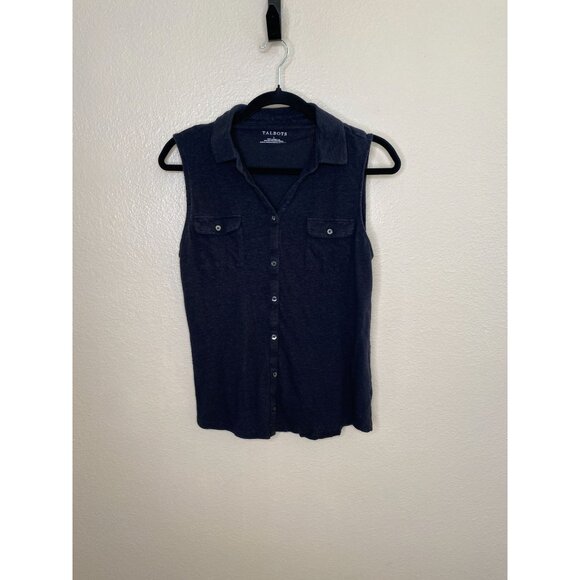 Talbots Womens Sleeveless Button-Down Black Top Size L Linen Blend With Pockets - Picture 1 of 6